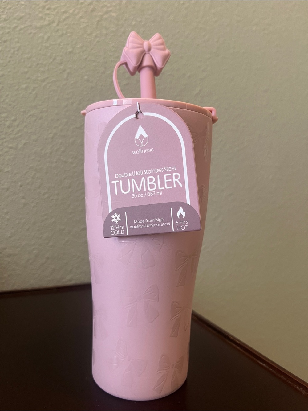 New Pink Bow Embossed Double Wall Stainless Steel Tumbler - 30oz w/straw